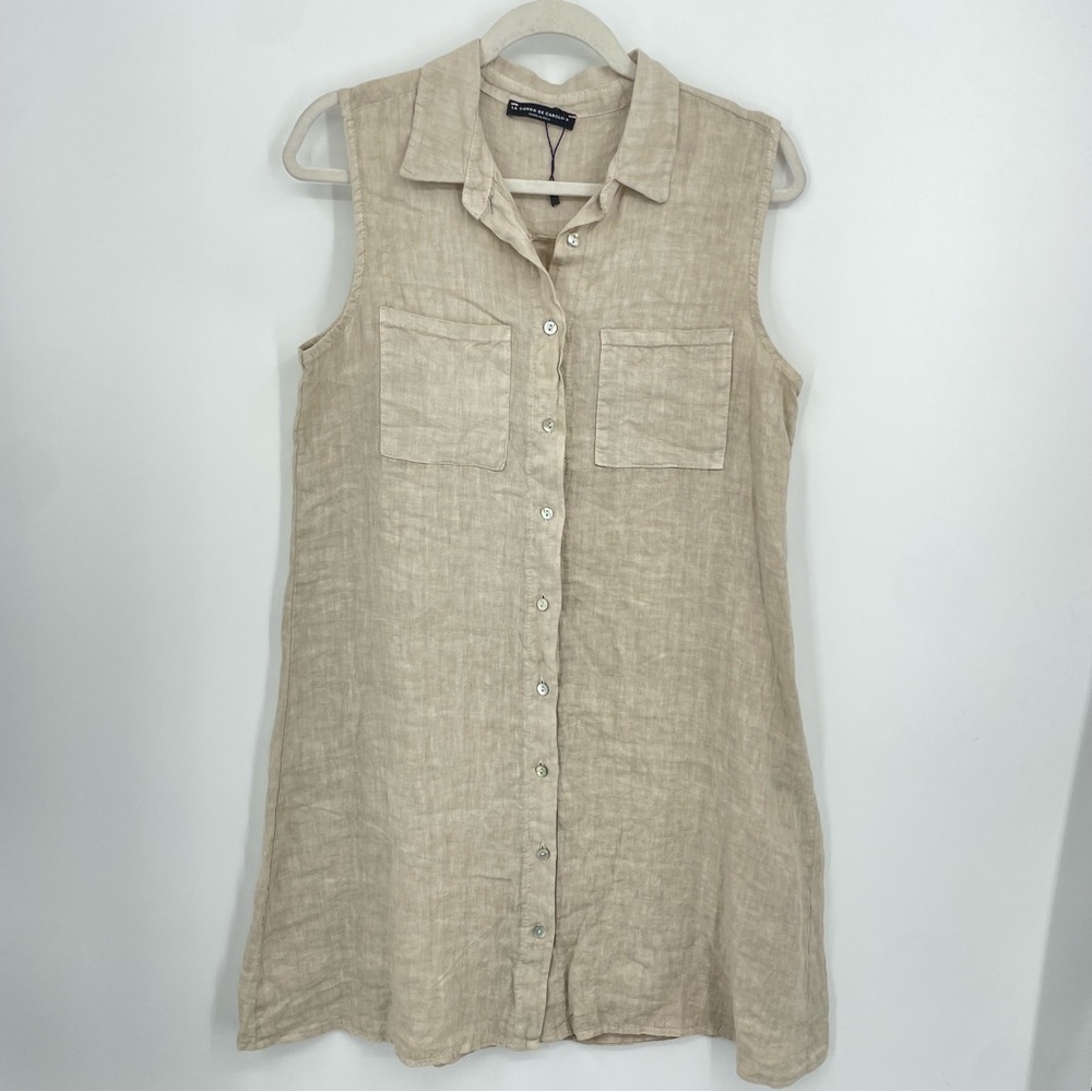 Sleeveless Linen Midi Shirt Dress - Neutral Beige